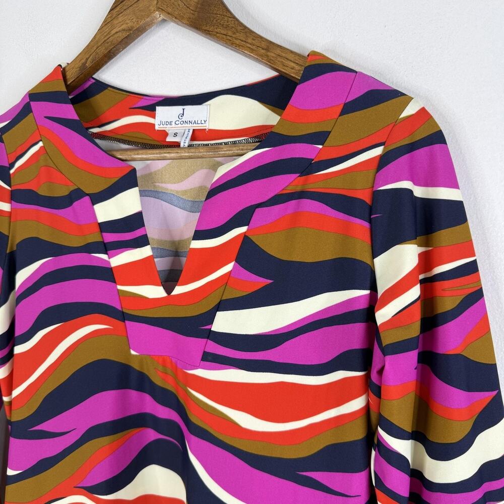 Jude Connally Wave Stripe Dress Womens Small V Neck 3/4 Sleeve Shift